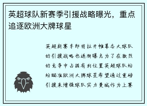 英超球队新赛季引援战略曝光，重点追逐欧洲大牌球星