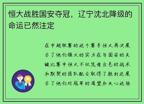 恒大战胜国安夺冠，辽宁沈北降级的命运已然注定
